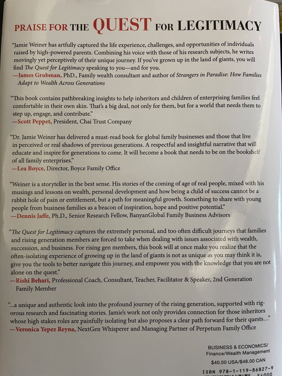 RussHaworth's tweet photo. The back of the book that shares the stories and findings from @QuestLegitimacy research shares the thoughts of those who pre-read the book!

Such great, &amp; richly deserved praise for its author Dr Jamie Weiner!

Great Christmas reading for those that work with prominent families https://t.co/iBjGUrdo3j