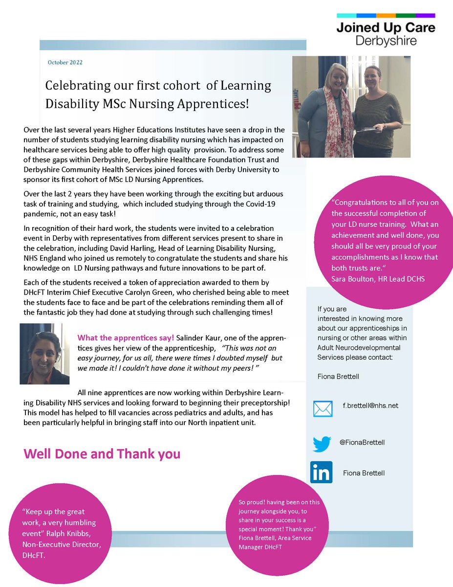 Derbyshire Community Health Services NHS FT (@dchstrust) on Twitter photo Congratulations to a new cohort of Learning Disability MSc Nursing Apprentices! 🎉
<a href="/derbyshcft/">Derbyshire Healthcare 💙</a> and <a href="/DCHStrust/">Derbyshire Community Health Services NHS FT</a> joined forces with <a href="/DerbyUni/">University of Derby</a> to sponsor its first cohort of MSc LD Nursing Apprentices. The students were invited to an event to celebrate, please read more below. Congratulations to a new cohort of Learning Disability MSc Nursing Apprentices! 🎉
<a href="/derbyshcft/">Derbyshire Healthcare 💙</a> and <a href="/DCHStrust/">Derbyshire Community Health Services NHS FT</a> joined forces with <a href="/DerbyUni/">University of Derby</a> to sponsor its first cohort of MSc LD Nursing Apprentices. The students were invited to an event to celebrate, please read more below.