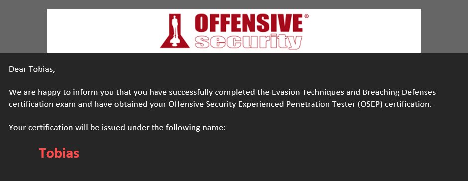 iface_tobu's tweet image. I am happy to announce that I’ve passed the Offensive Security Experienced Penetration tester (OSEP) exam. This is a great course and I would highly recommend it. @offsectraining