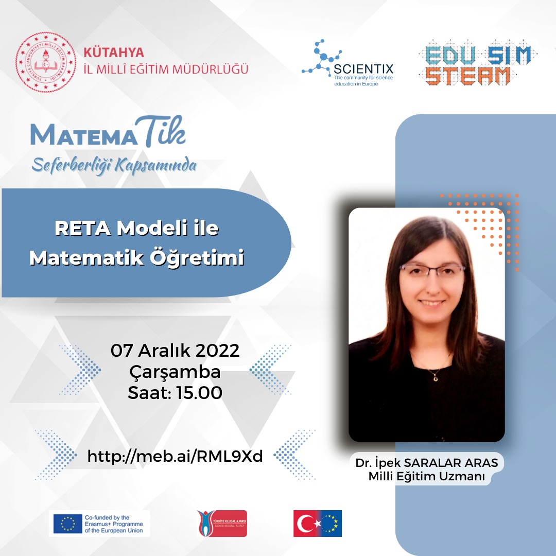 İlimiz Matematik seferberliği kapsamında düzenlediğimiz seminerlerde bu ayın konusu RETA Modeli ile Matematik Öğretimi, misafirimiz <a href="/ipeksaralar/">Ipek Saralar</a>
İlgilenenleri bekleriz
@ScientixTurkey
<a href="/kutahyamem/">Kütahya İl Millî Eğitim Müdürlüğü</a>
<a href="/ArgeKutahya/">Kütahya ARGE</a>
<a href="/mgtopuz43/">Mustafa Topuz</a>