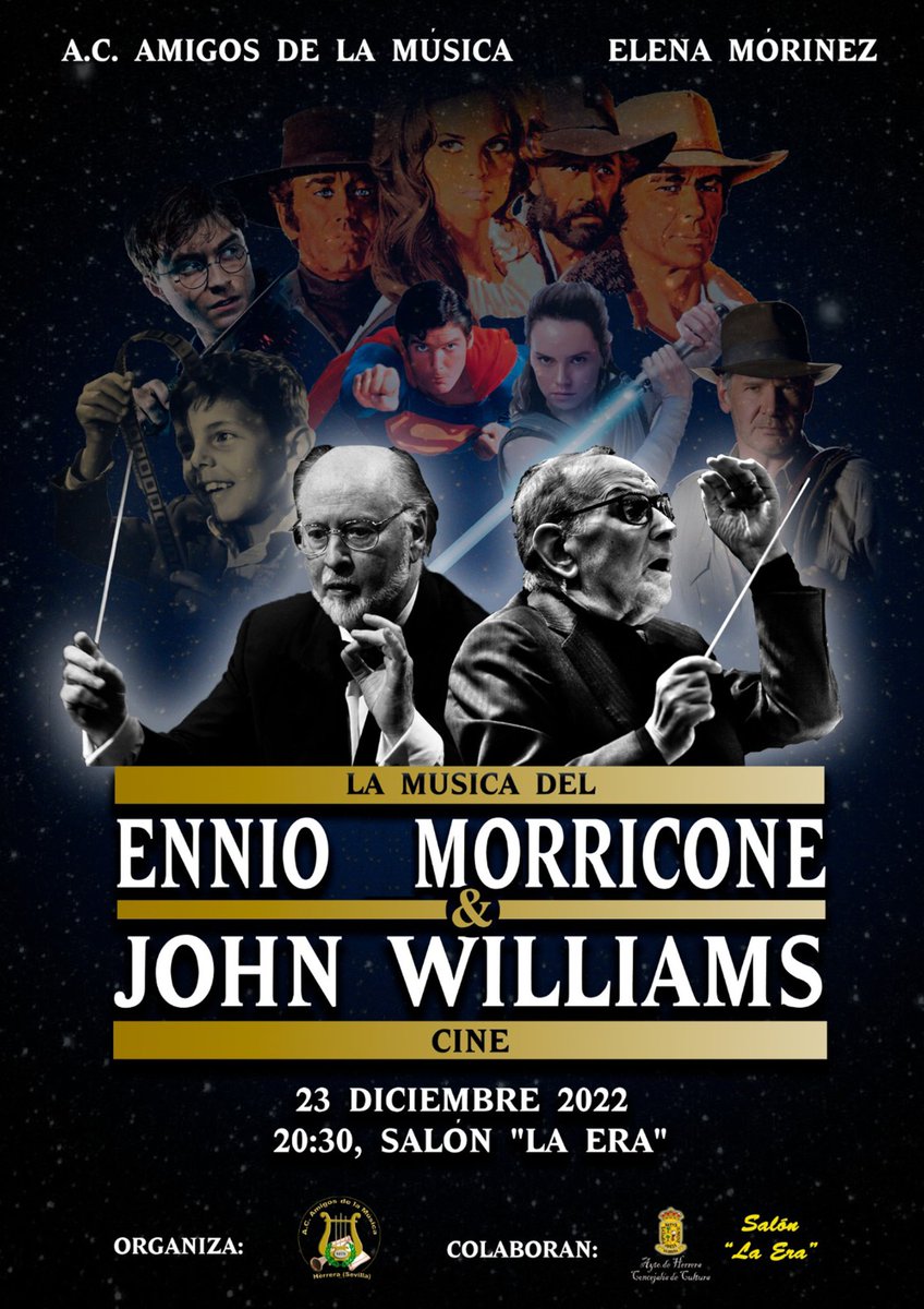 🙌🏻| ¡Por fin os lo podemos contar!

El próximo 23 de diciembre a las 20:30 tendrá lugar nuestro concierto "La música del cine: Ennio Morricone &amp; John Williams".

Contaremos una vez más con la voz de Elena Morínez.

Os esperamos en el Salón La Era.

¡Que no te lo cuenten!