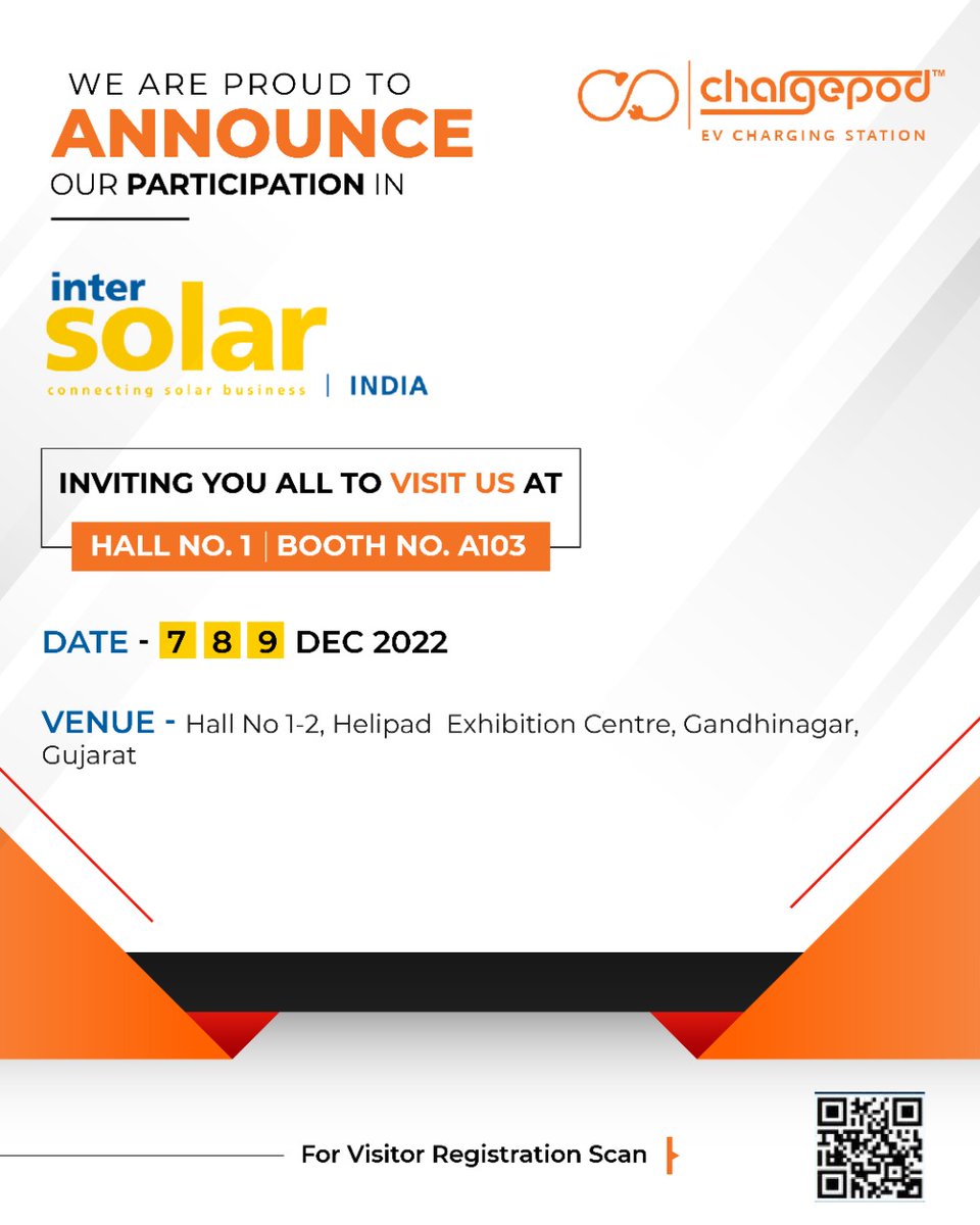 charge_pod's tweet photo. "We are participating in the Inter Solar India exhibition, the exhibition begins tomorrow and continues till the 9th of December. Inviting you all to grace us at Hall no 1, Booth no A103, Helipad Exhibition Centre, Gandhinagar."

#intersolar2022 #exhibition2022 #chargepod https://t.co/uDJlxAUlql