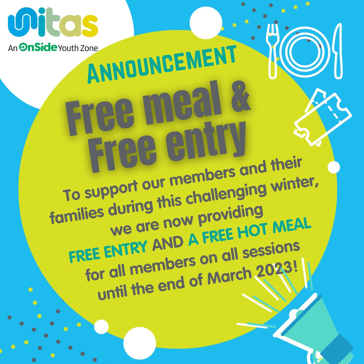 Through <a href="/OnSideYZ/">OnSide</a>  and thanks to the generosity of donors, we are pleased to announce that, starting today and continuing until the end of March 2023, we will be offering our members free entry and a free hot meal on all sessions.

#Unitas #youngpeople  #CostOfLiving  #barnet