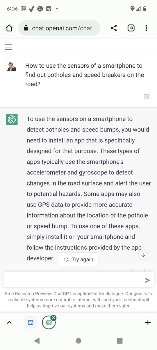 alamtabrez's tweet photo. Resisted using the #ChatGPT for a long time and finally caved in.

I asked how to use the smartphone sensors to find road conditions and it just asked me to install #intentsgo app 🤣 https://t.co/nyLLGsn4fe