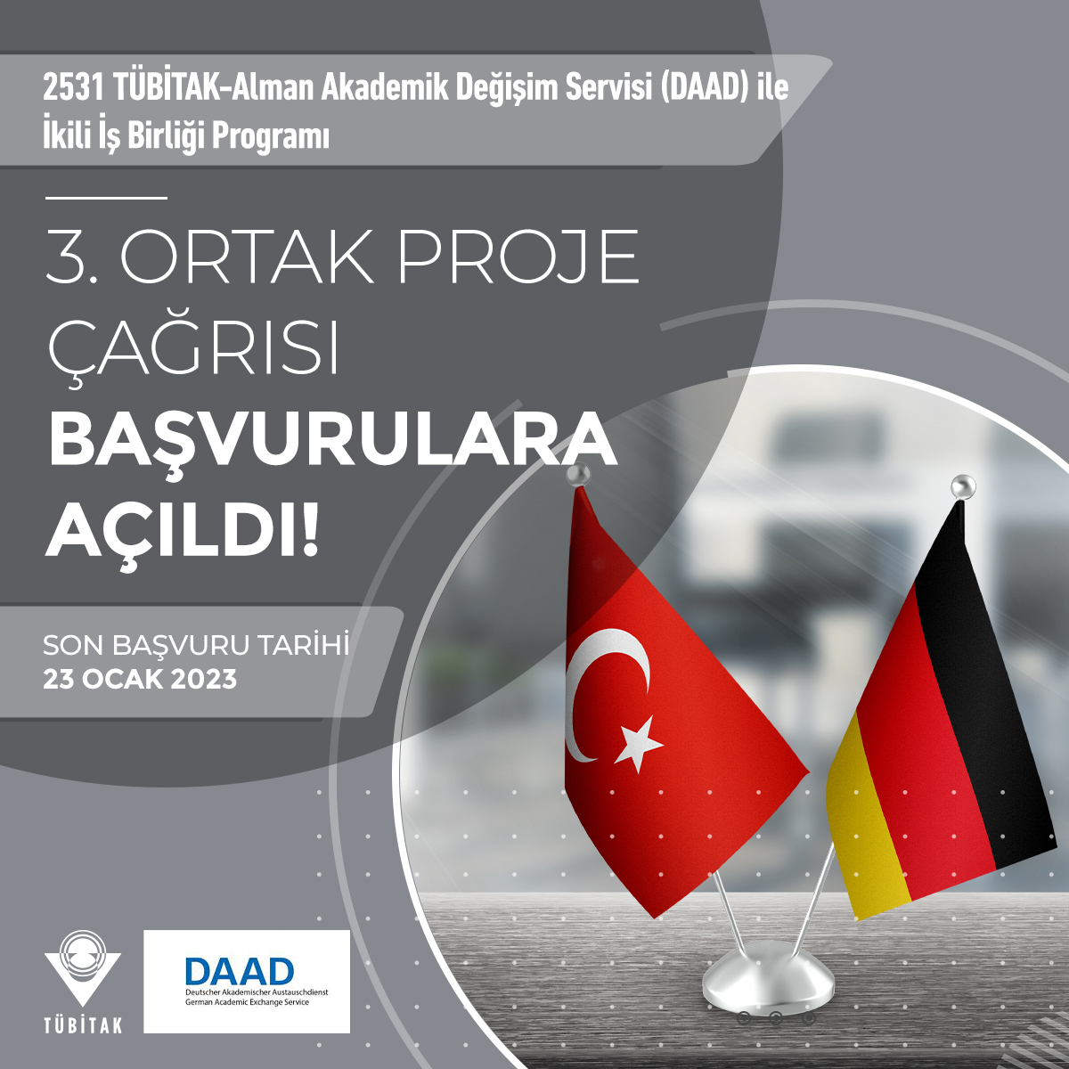 Tubitak's tweet photo. 2531 TÜBİTAK-DAAD İkili İş Birliği Destek Programı kapsamında Türkiye ve Almanya’daki araştırmacılar arasındaki bilimsel ve teknolojik araştırmalar için karşılıklı seyahat desteği verilecektir. 🇹🇷🤝🇩🇪

https://t.co/NkxSuJb1sJ https://t.co/6zCDGN2MMM