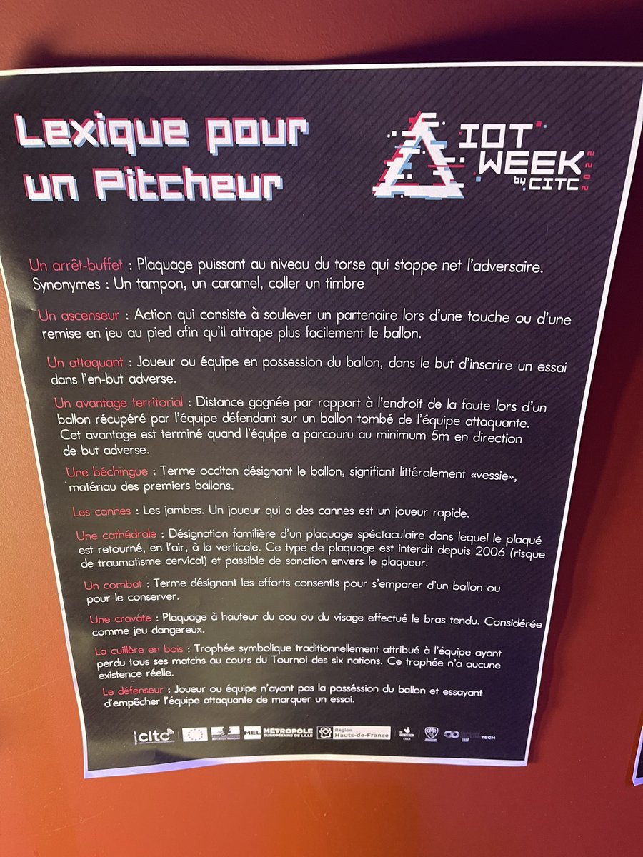 AnnieLichtner's tweet photo. Quand le rugby rencontre #IoTWeekHDF cela donne ce lexique 😉
Merci à la Team #CITC pour leurs conférences de qualité 👍 https://t.co/AmbTaExLtJ