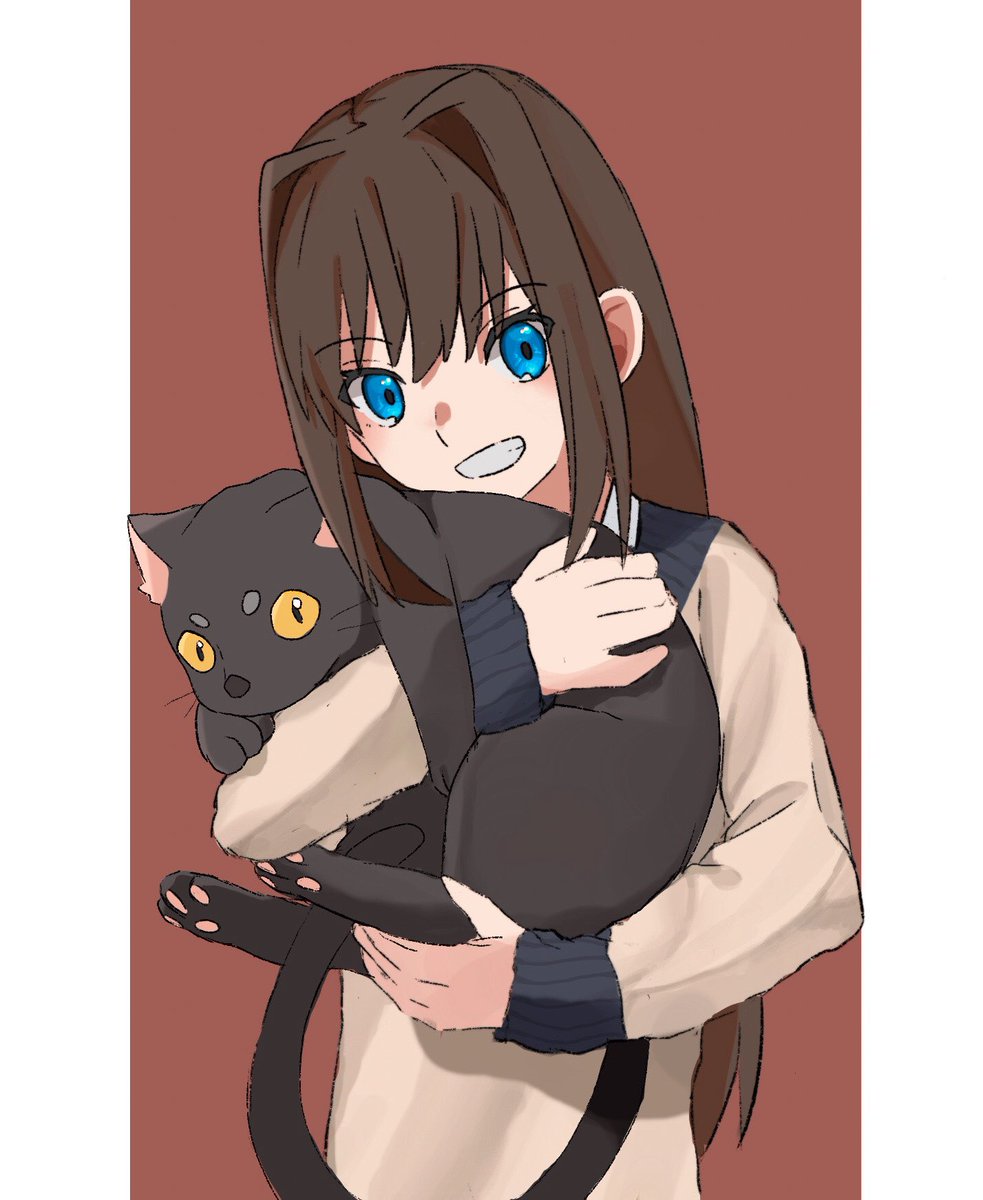 aozaki aoko 1girl cat blue eyes long hair brown hair smile sweater  illustration images