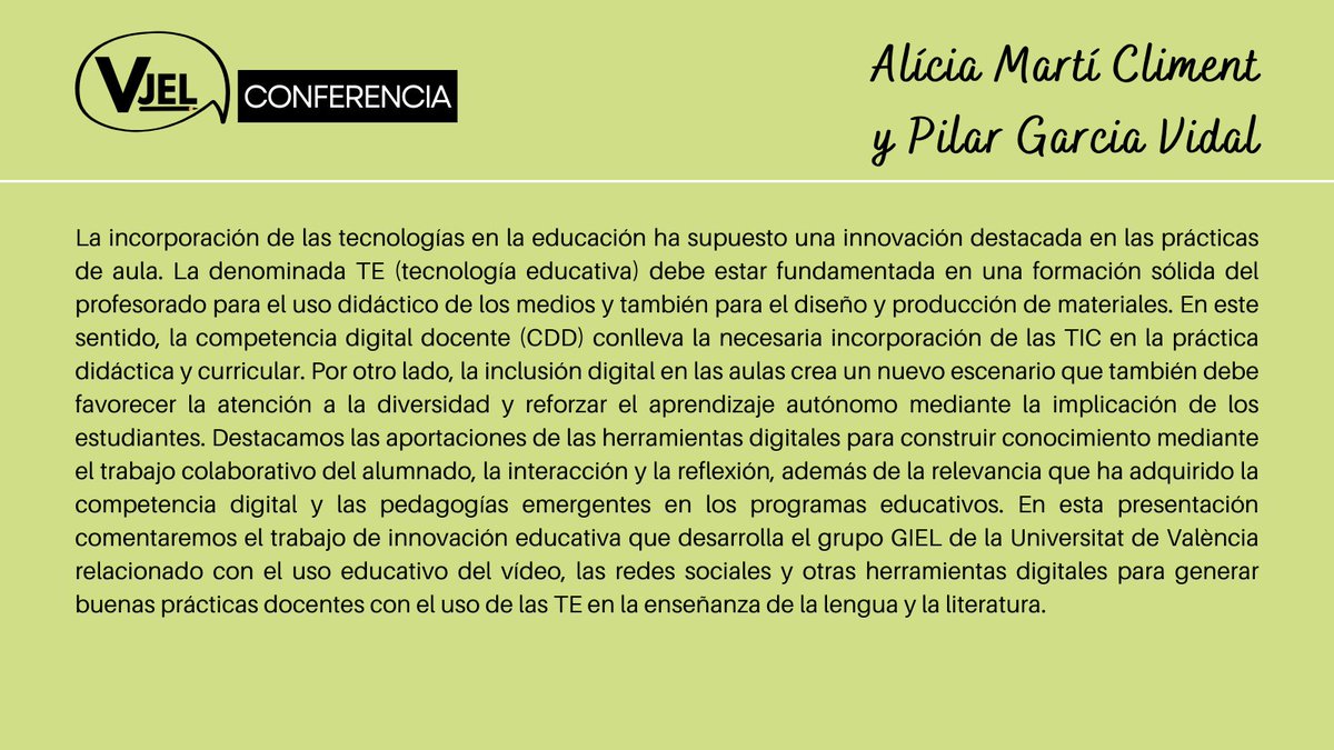 jornadas_lengua's tweet photo. El 17 de diciembre contaremos con la presencia de dos grandes investigadoras de la @UV_EG y del @GrupGIEL: Alícia Martí Climent @marclia y Pilar Garcia Vidal @pgvidal.
Para quienes nos dedicamos a la enseñanza de la lengua y la literatura escucharlas siempre es enriquecedor. 🧵 https://t.co/PtDsheiQFa