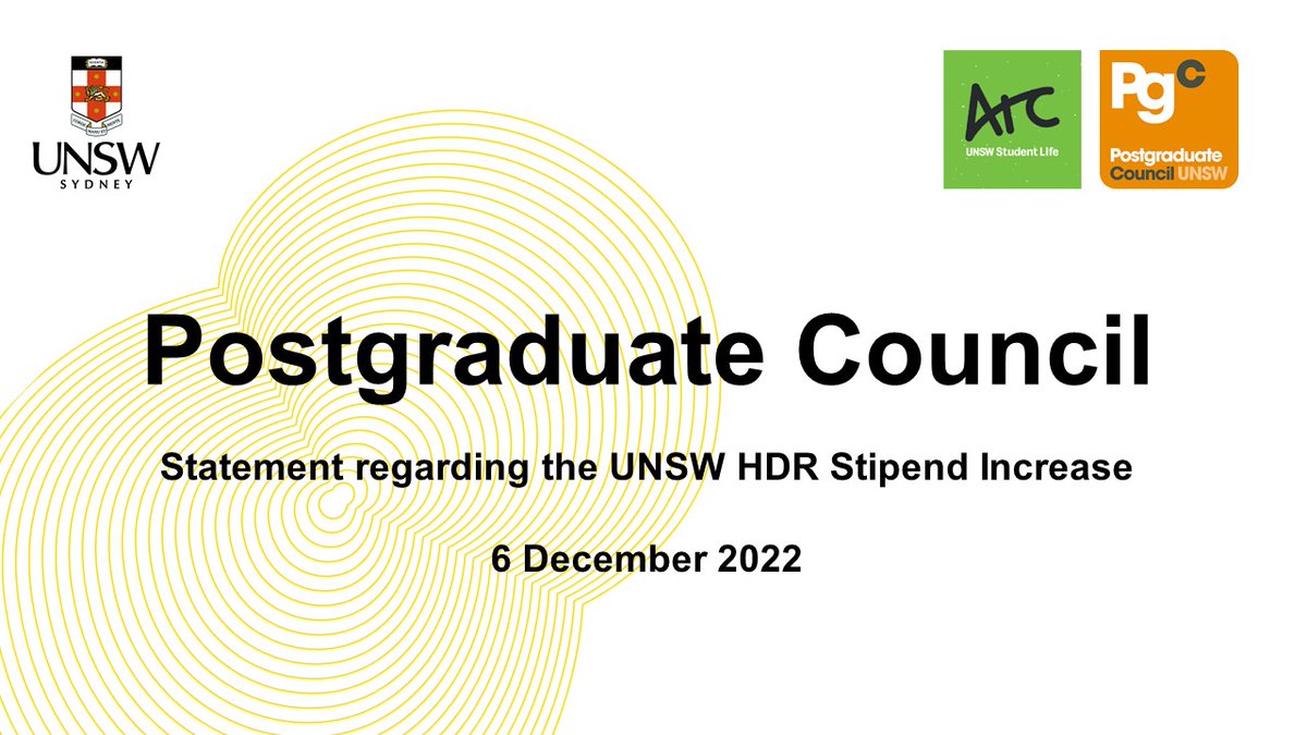 Postgraduate Council UNSW (@unswpgc) on Twitter photo <a href="/UNSW/">UNSW</a>PGC welcomes the recent announcement by @UNSW on increasing the HDR stipend rate effective 2023. We thank the VC #AtillaBrungs, DVCR #NickFisk, GRS team <a href="/Jonatha16752881/">Jonathan Morris</a> <a href="/Polymer_Penny/">Penny Martens</a>, HDRs, academics & staff supporting this. Our executives statement facebook.com/13265248680652… <a href="/UNSW/">UNSW</a>PGC welcomes the recent announcement by @UNSW on increasing the HDR stipend rate effective 2023. We thank the VC #AtillaBrungs, DVCR #NickFisk, GRS team <a href="/Jonatha16752881/">Jonathan Morris</a> <a href="/Polymer_Penny/">Penny Martens</a>, HDRs, academics & staff supporting this. Our executives statement facebook.com/13265248680652…