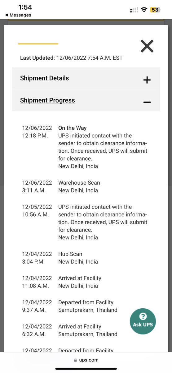 MahajanSwap89's tweet photo. @UPS @UPS Yesterday you promised that everything is clear and I will get delivery on 8th Dec, but now again status of my shipment is changed to “contacted shipper” As I said please don’t delay it more than 8th Dec https://t.co/ObBrFkUFZn