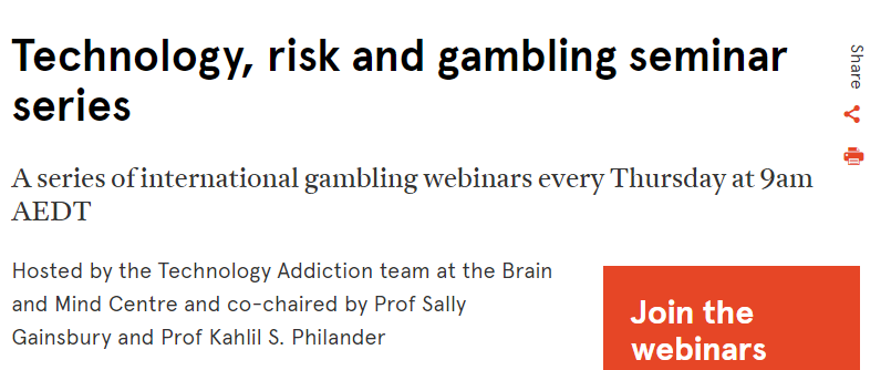 Hundreds watched the 1st Technology, Risk &amp; Gambling webinar series. Register now to join the conversation
This week Tim Edson (<a href="/Div_Addiction/">Division on Addiction</a>) &amp; <a href="/SpencerMurch/">Spencer Murch</a> (<a href="/Concordia/">Concordia University</a>) chat with Dr Philander about identifying and responding to gambling risk markers: sydney.edu.au/brain-mind/our…