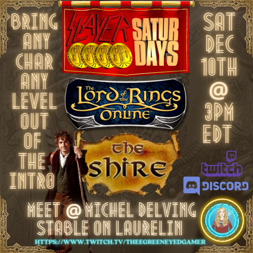 Jessica13691067's tweet photo. 💥 Slayer Saturday 
💫 Shire Slayers &amp; Discoveries
🐻 Bring ANY char, level, race, or class 
🗓  Dec 10th
🕒 3PM EDT
🌎 Laurelin
🗺️ Meet @ Michel Delving Stable, Shire
👩‍💻 Live @ https://t.co/2zYg001How
#lotro #lotrofamily #slayersaturdays #mmorpg #twitch   #lotr #events https://t.co/aMlLKf3uRm