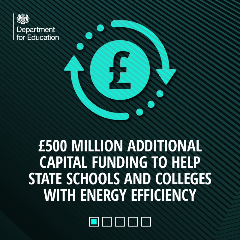 educationgovuk's tweet photo. It’s important that schools and colleges are energy efficient so they can provide the best possible learning environments for young people, minimise operating costs and reduce carbon emissions.

Here’s how we are supporting schools and colleges to become more energy efficient ⬇️