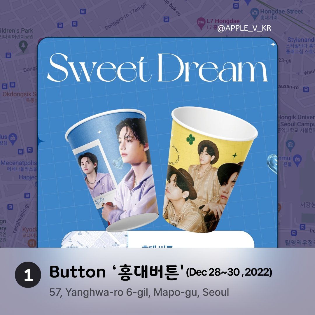 spot_kpop's tweet photo. HAPPY V DAY is coming!! 
Happy birthday V!!😍
This is Birthdaycafe for #happyvday at Seoul,
Korea😍 Enjoy!

1. Cafe Button (Dec 28~30 , 2022)
@APPLE_V_KR 
📍 https://t.co/o3txRzyCiK https://t.co/uHOz7TsjHh