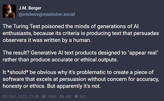 jensscholz's tweet photo. Es ist zwar durchaus erstaunlich, wie gut AI Software anscheinend menschliche Eigenschaften darstellt - zum Beispiel gehen ja grade auch zig Beispiele von wirklich beeindruckenden Grafikgeneratoren herum, die offensichtlich hervorragende Designskills zeigen - ...
(1/8)
#ChatGPT https://t.co/pTFnVdjRPP