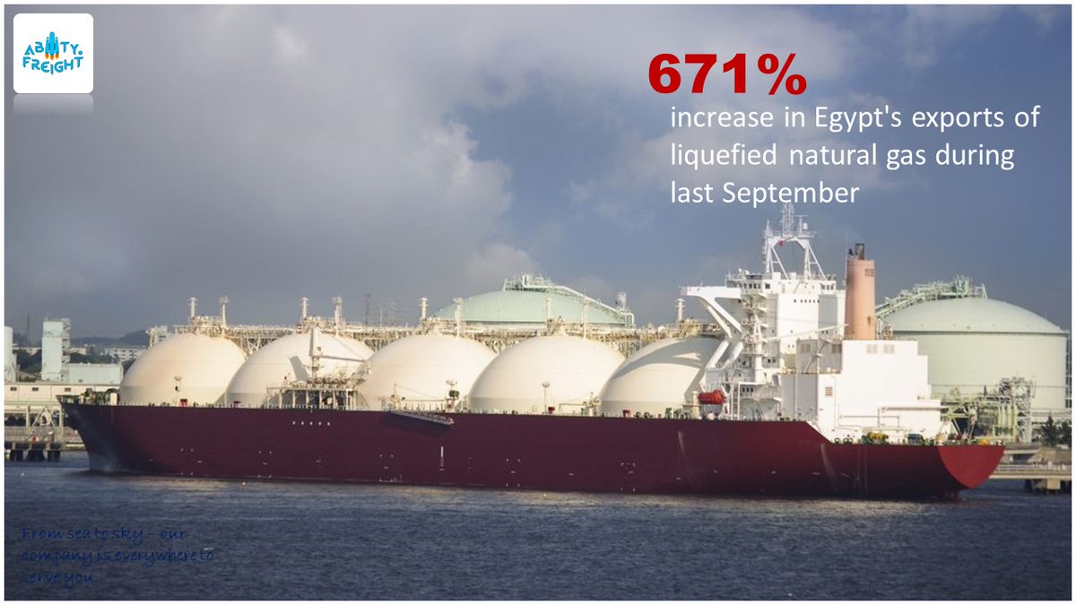FreightAbility's tweet photo. ارتفاع صادرات مصر من الغاز الطبيعي المسال 671% خلال سبتمبر الماضي.
أعلنت وزارة التجارة والصناعة، زيادة قيمة الصادرات المصرية من الغاز الطبيعي المُسال بنسبة 671.7% خلال شهر سبتمبر
#Ability_Freight
#We_Are_Ability
#logistics #egypt #export #import #LNG #gas #shippingindustry https://t.co/G2qrvoSw2o