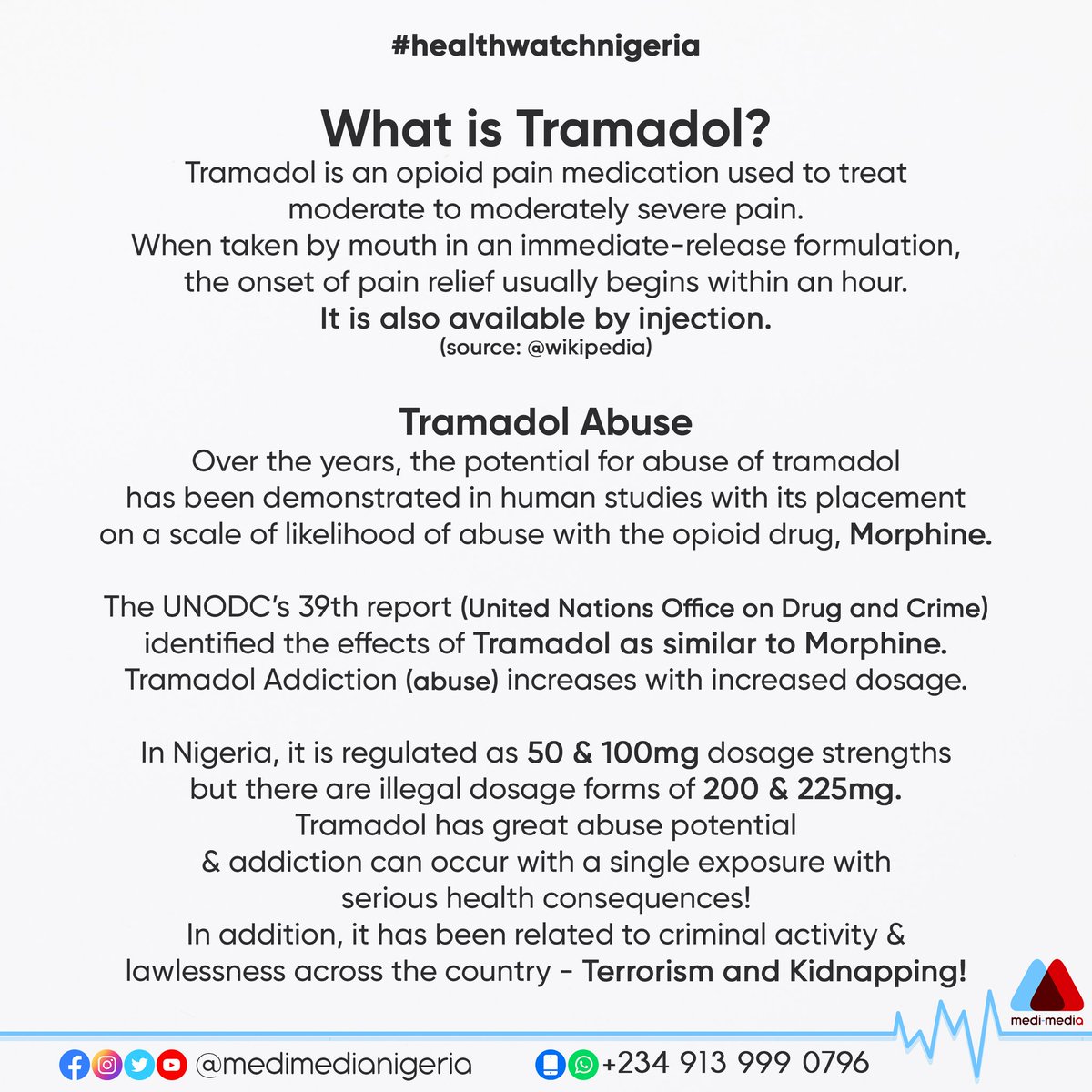 MediMediaNG's tweet photo. Tramadol is a synthetic opioid, providing almost immediate relief for moderate to severe pain. It is not illegal to sell Tramadol in Nigeria, but since 2018 it has been heavily regulated by the government.
#medimedia #healthforall #doctorsforchange #medicine #healthwatchnigeria https://t.co/GF63YBbaGs