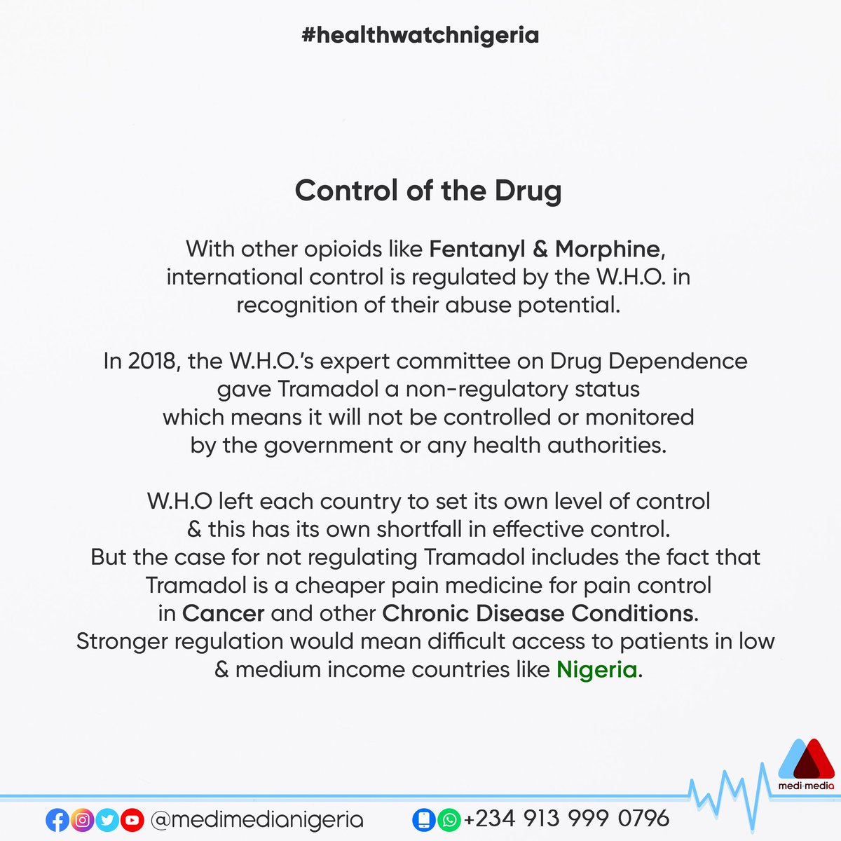 MediMediaNG's tweet photo. Tramadol is a synthetic opioid, providing almost immediate relief for moderate to severe pain. It is not illegal to sell Tramadol in Nigeria, but since 2018 it has been heavily regulated by the government.
#medimedia #healthforall #doctorsforchange #medicine #healthwatchnigeria https://t.co/GF63YBbaGs