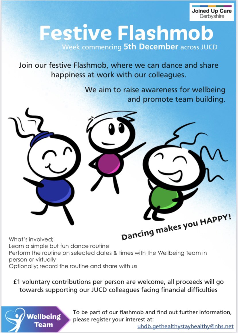 UlaUlaz13's tweet photo. FLASH NEWS! Join us today Tuesday 6th December, 12.30pm #FNCH to kick off the festive season with the Flashmob organised by @UHDBWellbeing @UHDBTrust (meet outside main entrance). Next stop RDH- 8 Dec. Letβs boost our wellbeing! #dancingmakesushappy @JoinedUpCare @Frandangelo21 https://t.co/iRh3QYbGRp
