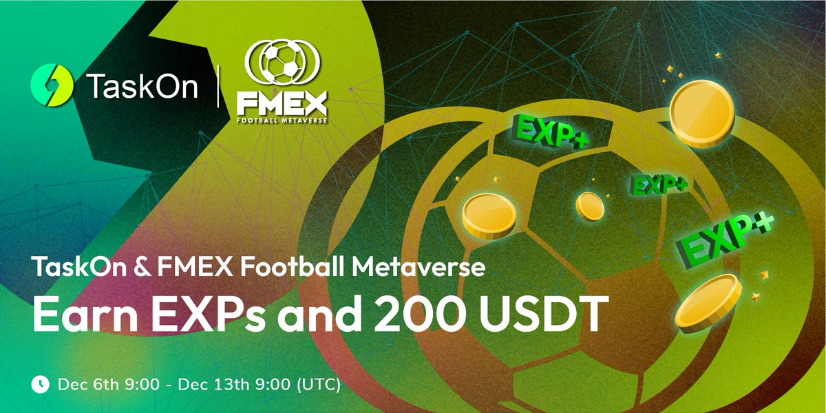 ⚽️#TaskOn x <a href="/meta_soccer/">FMEX Football Metaverse</a> NEW joint #giveaway is LIVE now!
 
🎁Prize Pool: 200 $USDT + #TaskOn #EXPs
⏰Dec 6th 9:00 - Dec 13th 9:00 (UTC) 
 
🏃‍♂️Complete simple tasks to WIN BIG ⬇ 
🌟taskon.xyz/campaign/detai…