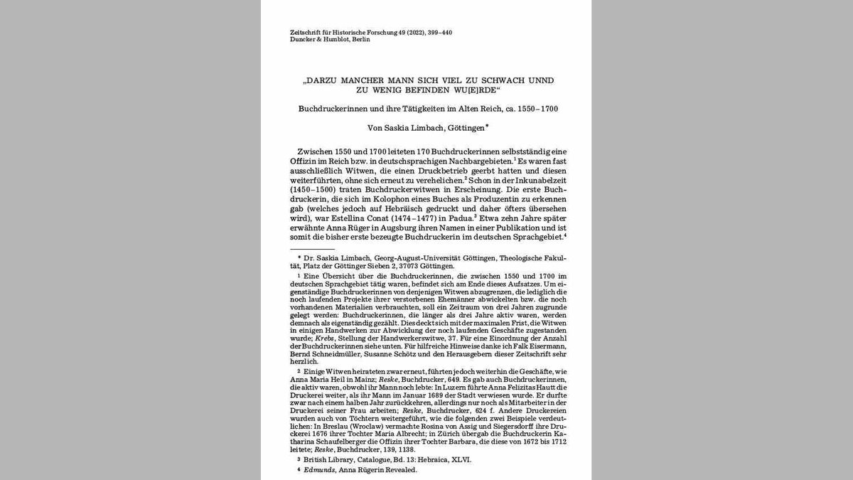 Out now: My article on women printers in the HRE with insights into their training, legal status, work &amp; production and reputation.

Incl. appendix of the 170 women I could identify (so far) who ran a print business for 3+ yrs. 

In Zeitschrift für Historische Forschung (ZHF)