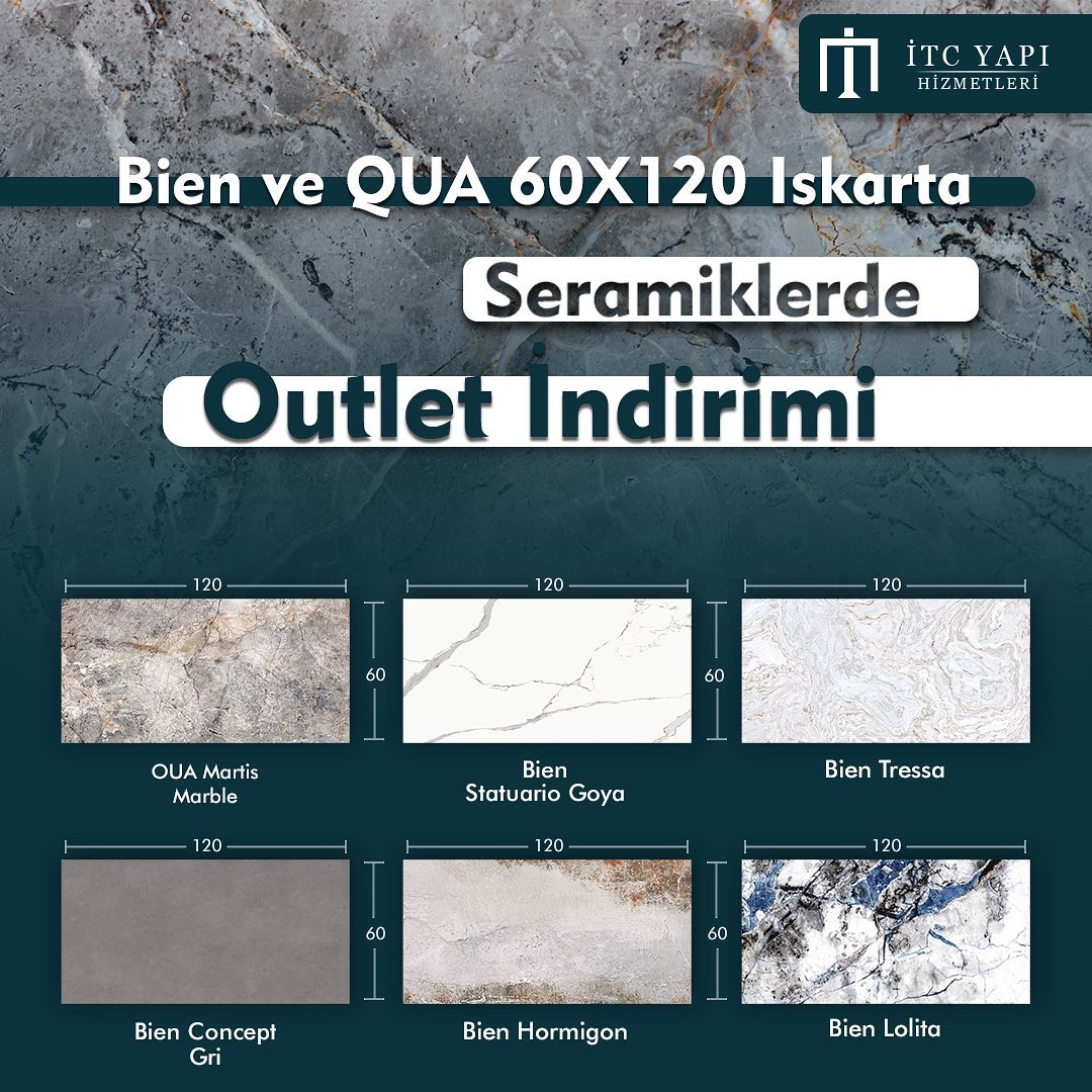 60X120 Ebat Bien ve QUA marka Granitlerde Outlet İndirimleri Başladı. Stoklarla Sınırlıdır.

#itcyapi #itcyapihizmetleri #seramik #fayans #granit #porselen #defoluseramik #outletseramik #evtadilat #ucuzseramik #yapımalzemeleri #tadilat #dekorasyon #quagranite #ıskartaseramik