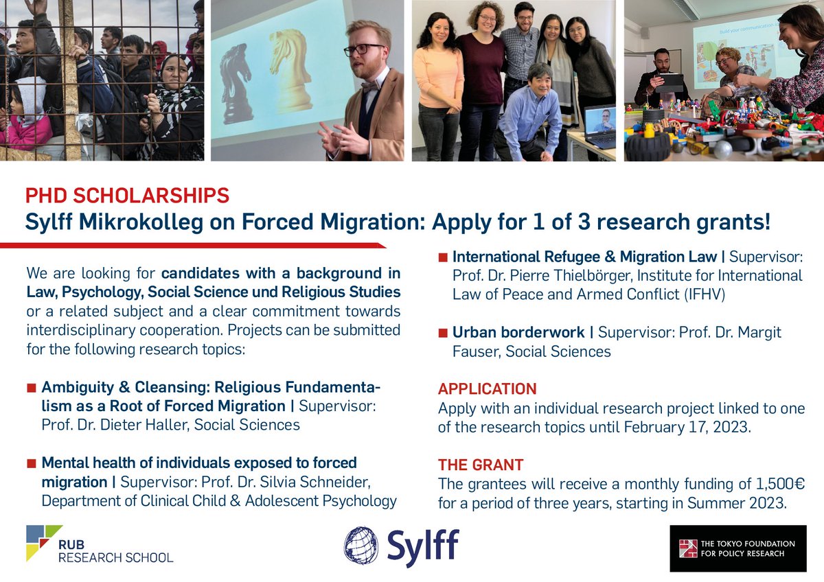 NEW CALL💢 Sylff #PhD scholarship, funded by @tokyofoundation & @researchschool! Grantees will be part of a small interdisciplinary graduateschool (Mikrokolleg) & work on the overarching topic of #forcedmigration @ruhrunibochum. Apply by 17 February 2023 👉research-school.rub.de/about/sylff-mi…