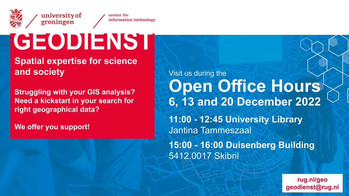 Questions about GIS? Need support with your (geographical) data in your research project? Visit us today at the University Library 11-13 or Duisenberg Plaza 15-16. We are ready to help!