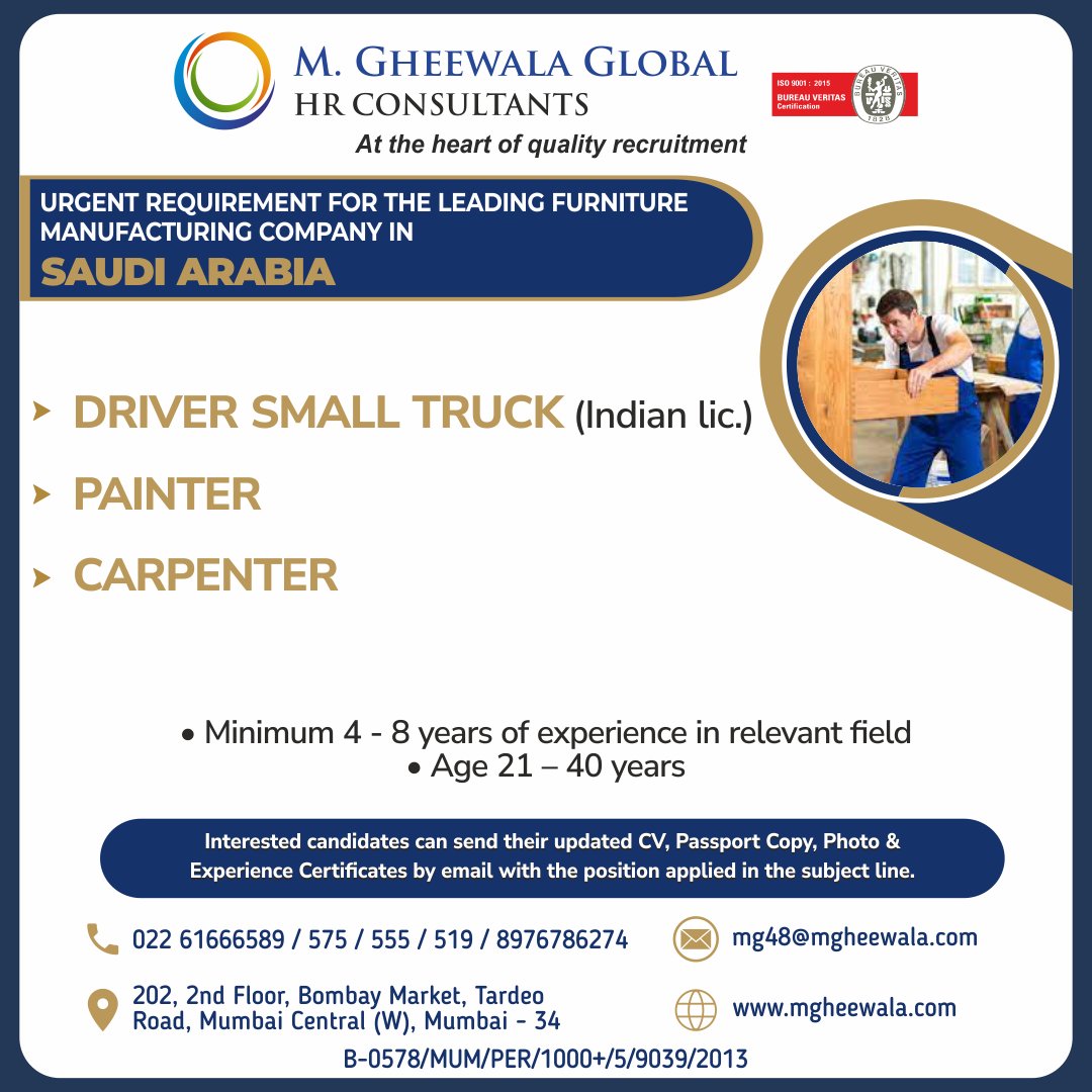 mgheewala_hrc's tweet photo. Job Vacancies for #Saudiarabia

Interested Candidates can send the updated resume to mg48@mgheewala.com

Learn More https://t.co/Ps4bxv2mB1

#driver #truckdriver #smalltruck #painter #painting #paintingjob #carpenter #furniture #manufacturing #jobsinsaudi #saudijobs https://t.co/36HiqEBmLl