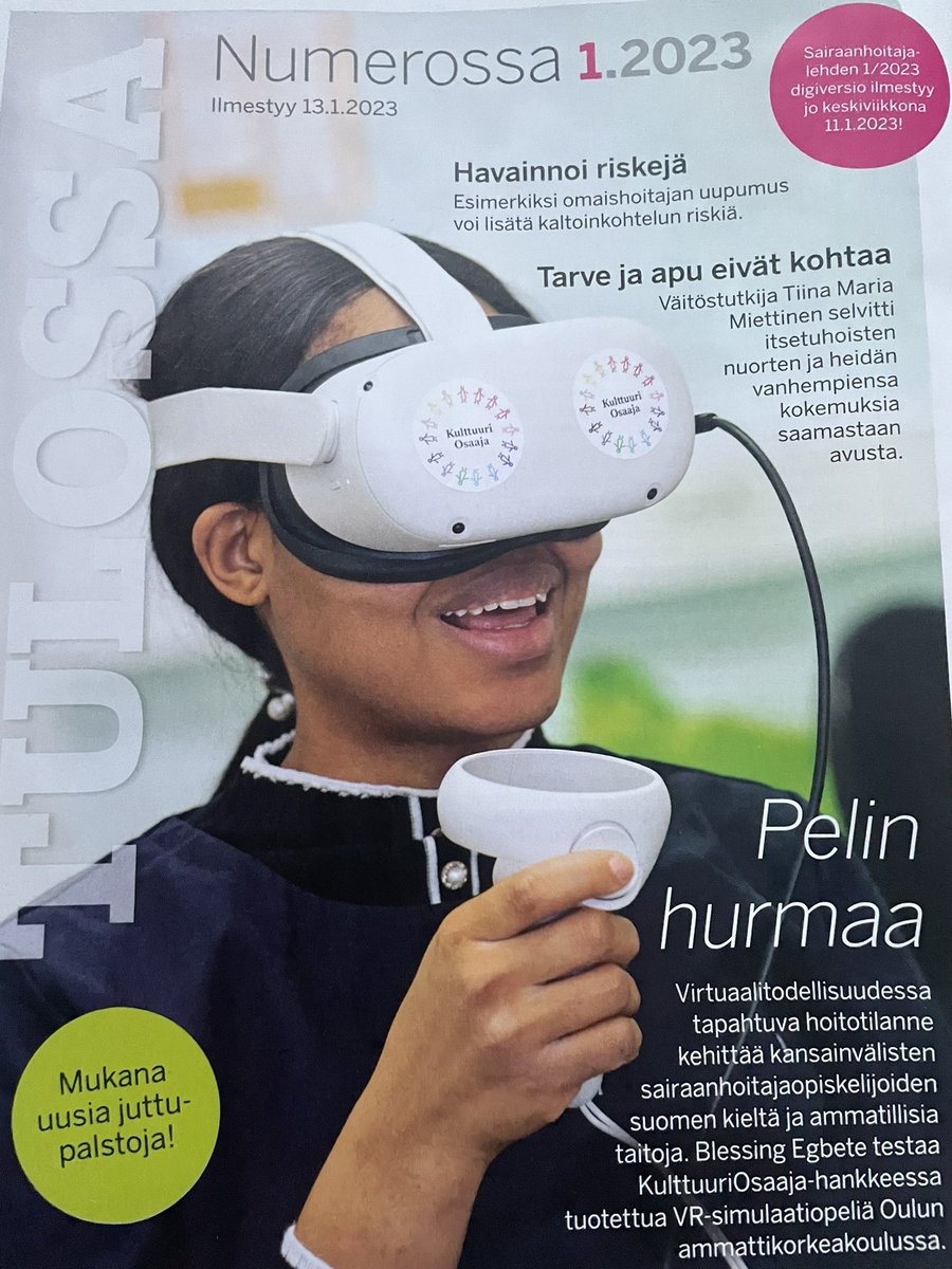 kulttuuriosaaja's tweet photo. Next month you can read more about our VR solutions developed for culturally and linguistically diverse nurses in Nurses magazine 🫶 #newwaysoflearning #innovation #diversity #kulttuuriosaaja #esrfunding https://t.co/r1PdXuwxXa
