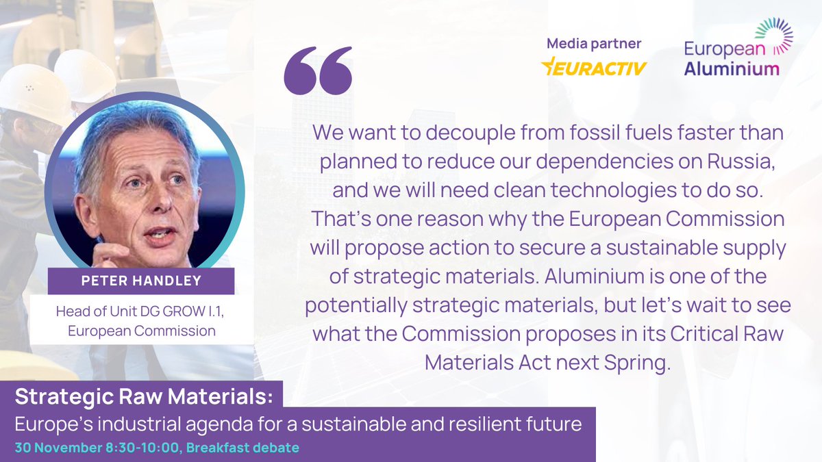 Aluminium is one of the strategic raw materials industries Europe cannot afford to lose. It is used in almost all energy generation, transmission, and storage technologies, delivering 🇪🇺 energy transition. 
Learn how #CRMAct can safeguard EU value chains 👉bit.ly/3Yd6yxN