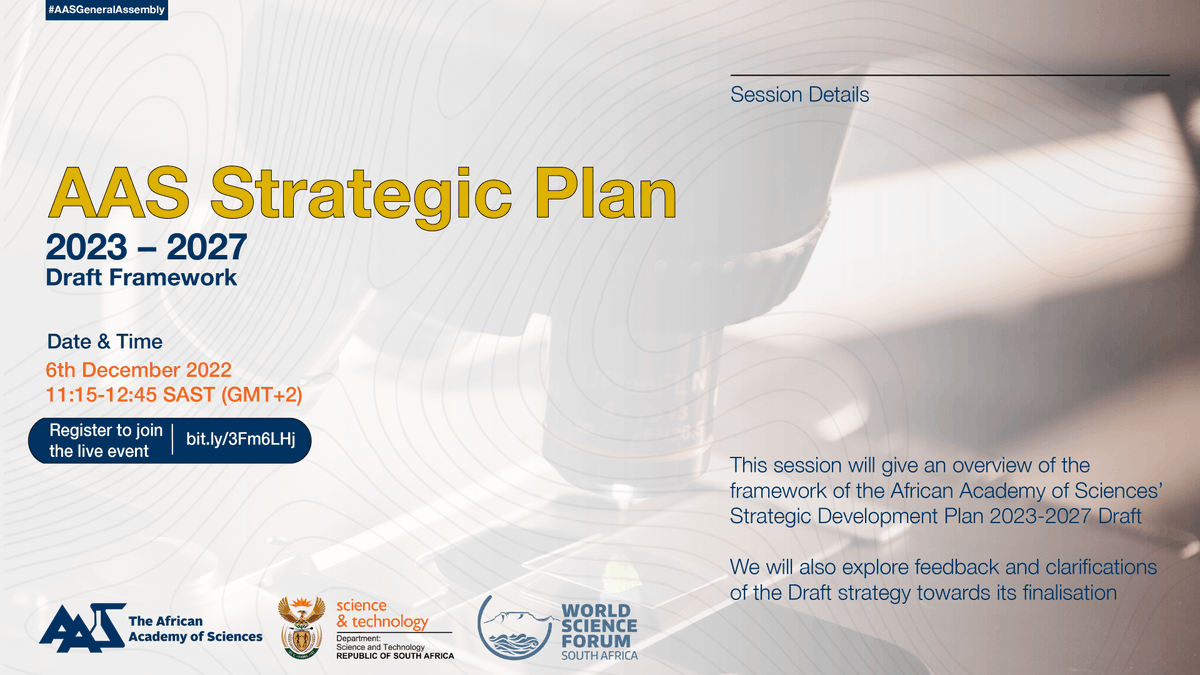 AASciences's tweet photo. We will discuss the process of the AAS 2023-2027 Strategic Plan in the next #AASGeneralAssembly session. The Strategic Plan will be a bold action plan to achieve our vision of transforming lives through science
Link👉 https://t.co/gBne1nWBad
@dsigovza
@WorldSciForum https://t.co/huidijIgmz