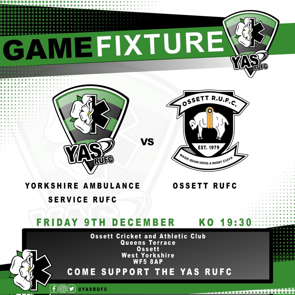yasrufc's tweet photo. ◾◾ GAME FIXTURE ◾️◾️
@yasrugbyunion vs @ossettrugby
🚑 vs 🏉
📅 Friday 9th December - KO : 19:30
🆚️ @ossettrugby
📍 WF5 8AP
▪️▪️▪️▪️▪️▪️▪️▪️▪️▪️▪️▪️▪️▪️▪️▪️▪️▪️
#yasrugby #rugbylife #gamefixture #followme #trendingnow #rugbyunion #yorkshireambulanceservice #yas https://t.co/RCKuSNyj4Q