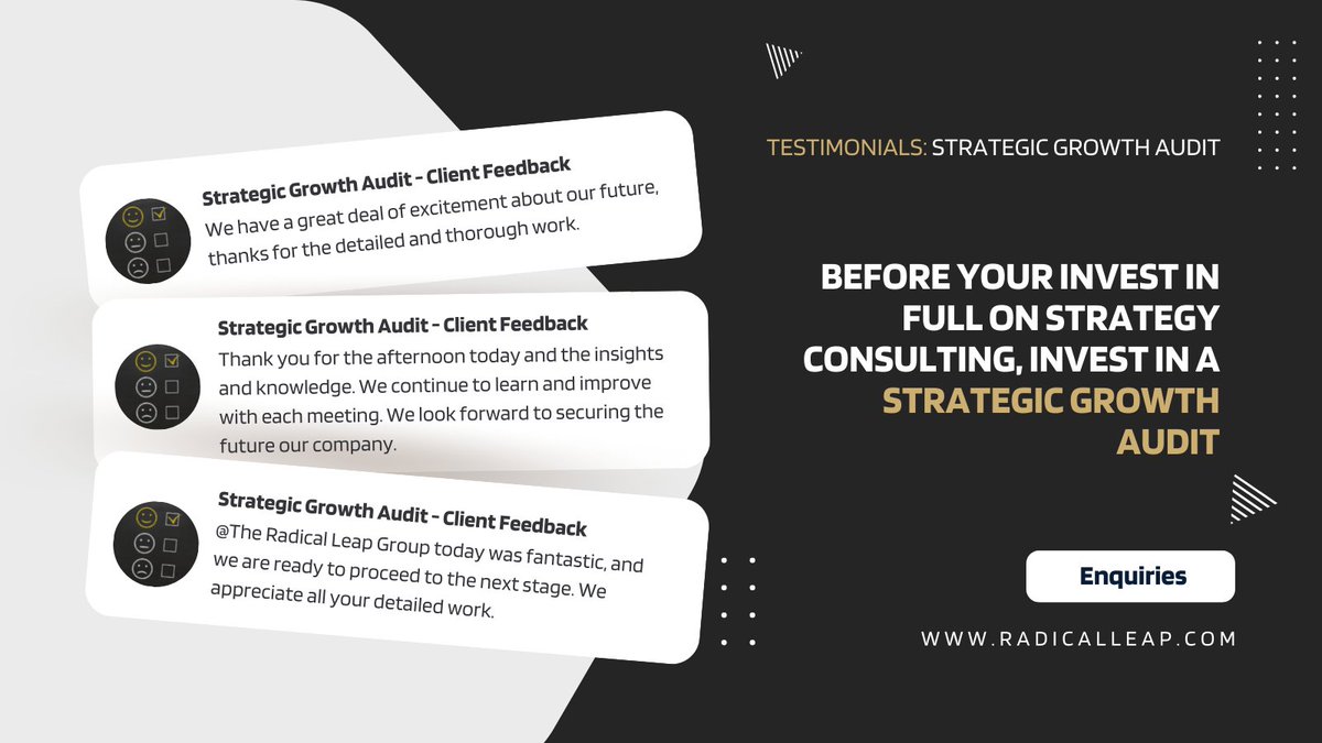 Make your company's investment in strategy consulting a good one. Invest in a Strategic Growth Audit first to identify pain points and growth gaps, maximise opportunities, define objectives, set priorities and outline the scope of strategy consulting  |  radicalleap.com