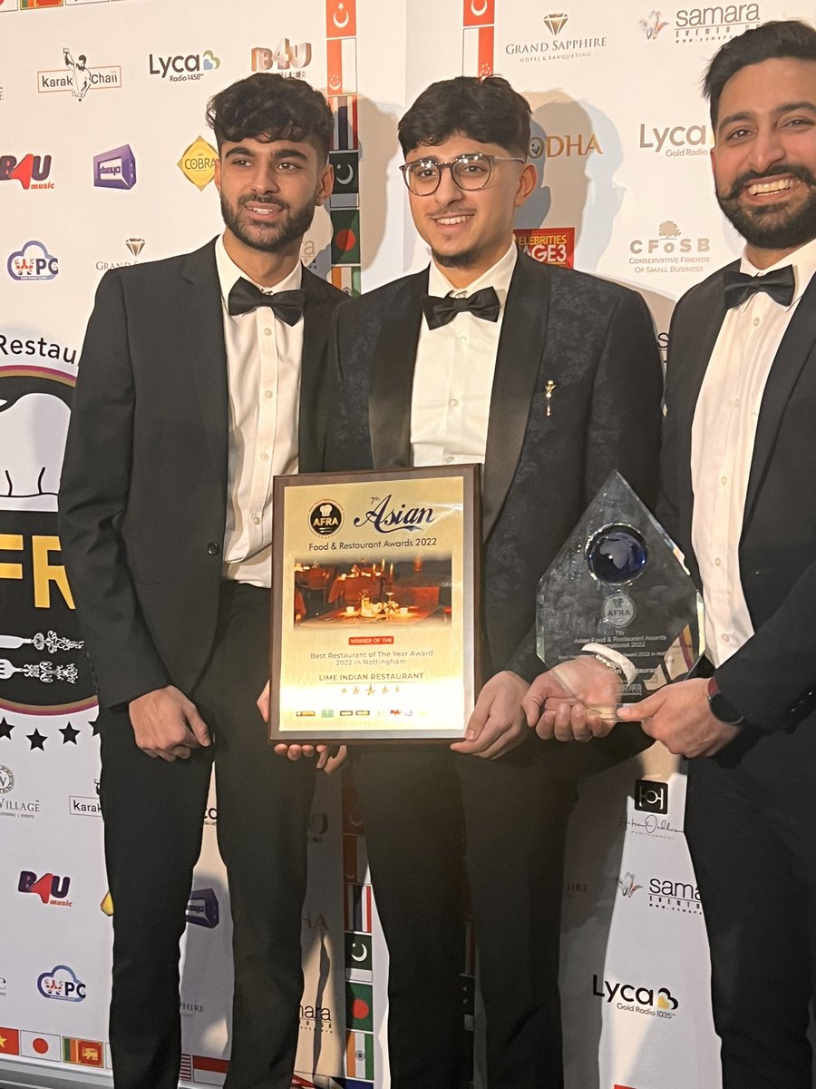 LimeIndianRest's tweet photo. Great end to 2022 and really happy to pick up the crown for the ‘Best Indian Restaurant in Nottingham 2022’ for 2nd year running at the Asian Food &amp; Restaurant Awards in London last night!
@LynettePinchess @NottinghamPost @FoodNottingham https://t.co/TAxu5DxR31