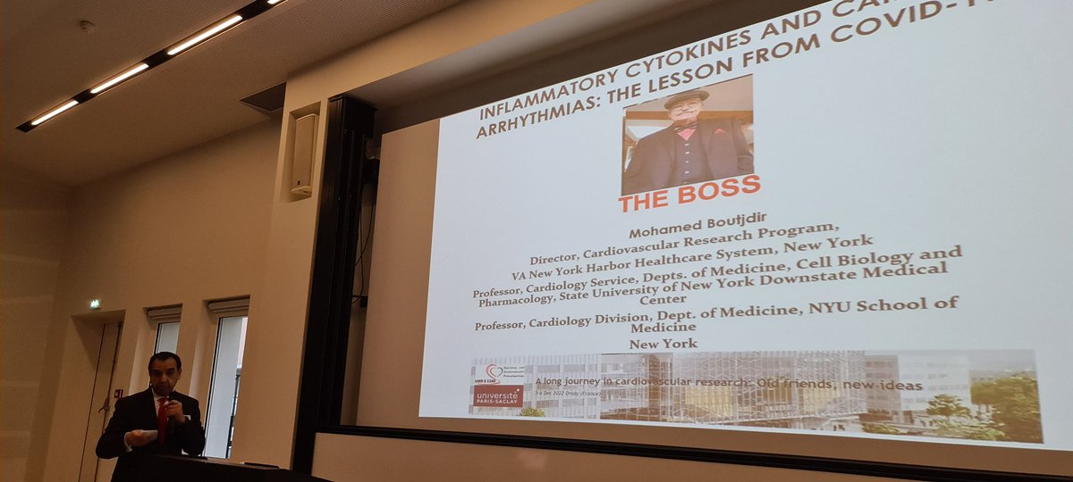 Umr1180's tweet photo. Second day of the Symposium honoring Rodolphe Fishmeister @rodfisch scientific career. First talk by his first post-doc, Mohammed Boutjdir showing that Interleukin-6 has a direct electrophysiologic effect in the heart that can trigger arrhythmia 
#cardiofisch
@rodfisch https://t.co/GxX5tRlA3r