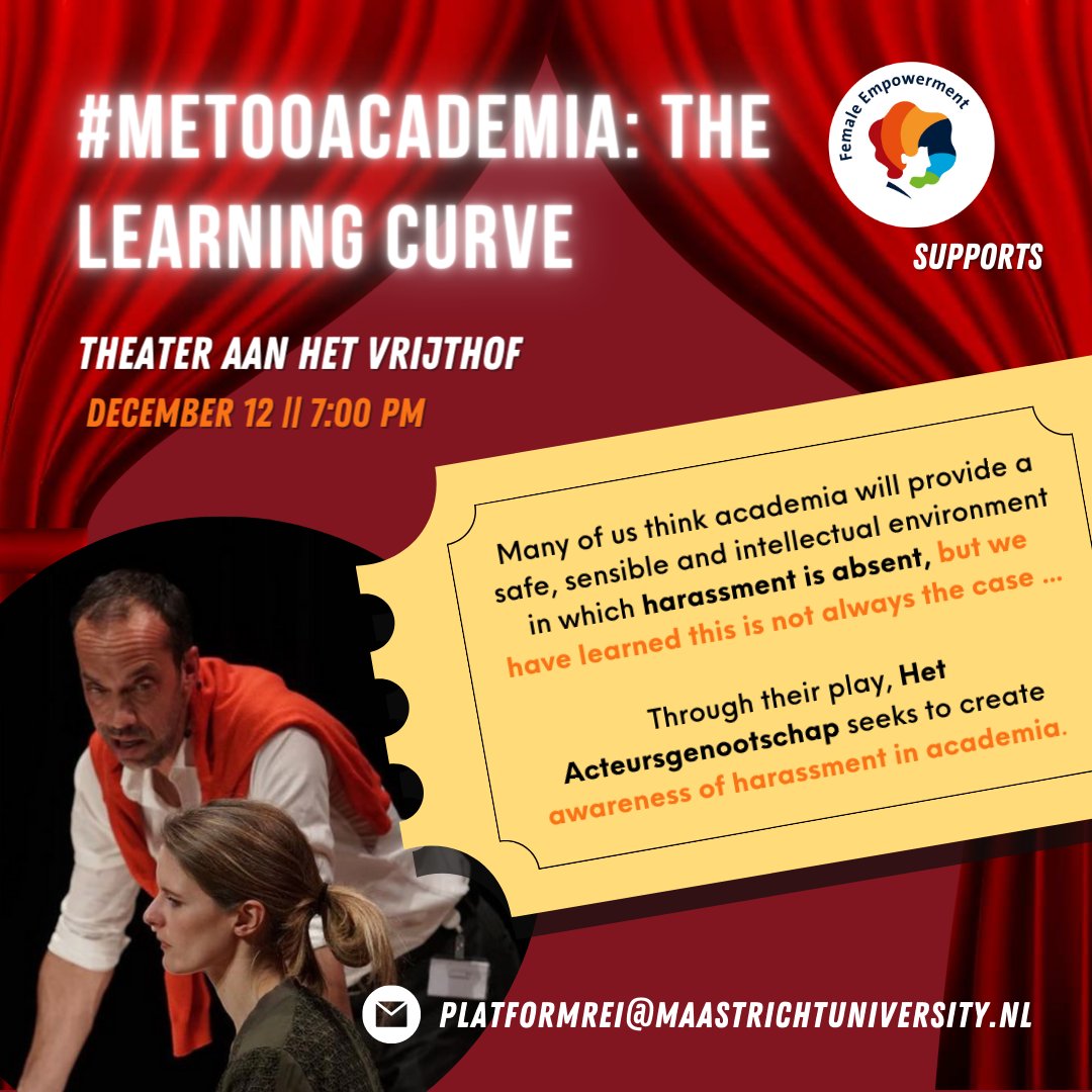 🔴#MeTooAcademia: The Learning Curve by <a href="/HetActeursgeno1/">Het Acteursgenootschap</a> 

💬The Learning Curve is a 40-minute play about (sexual) intimidation and abuse of power in a university context.

🗣Free Tickets for UM Staff  (first-come-first-serve)

📲bit.ly/3VC8Lkp