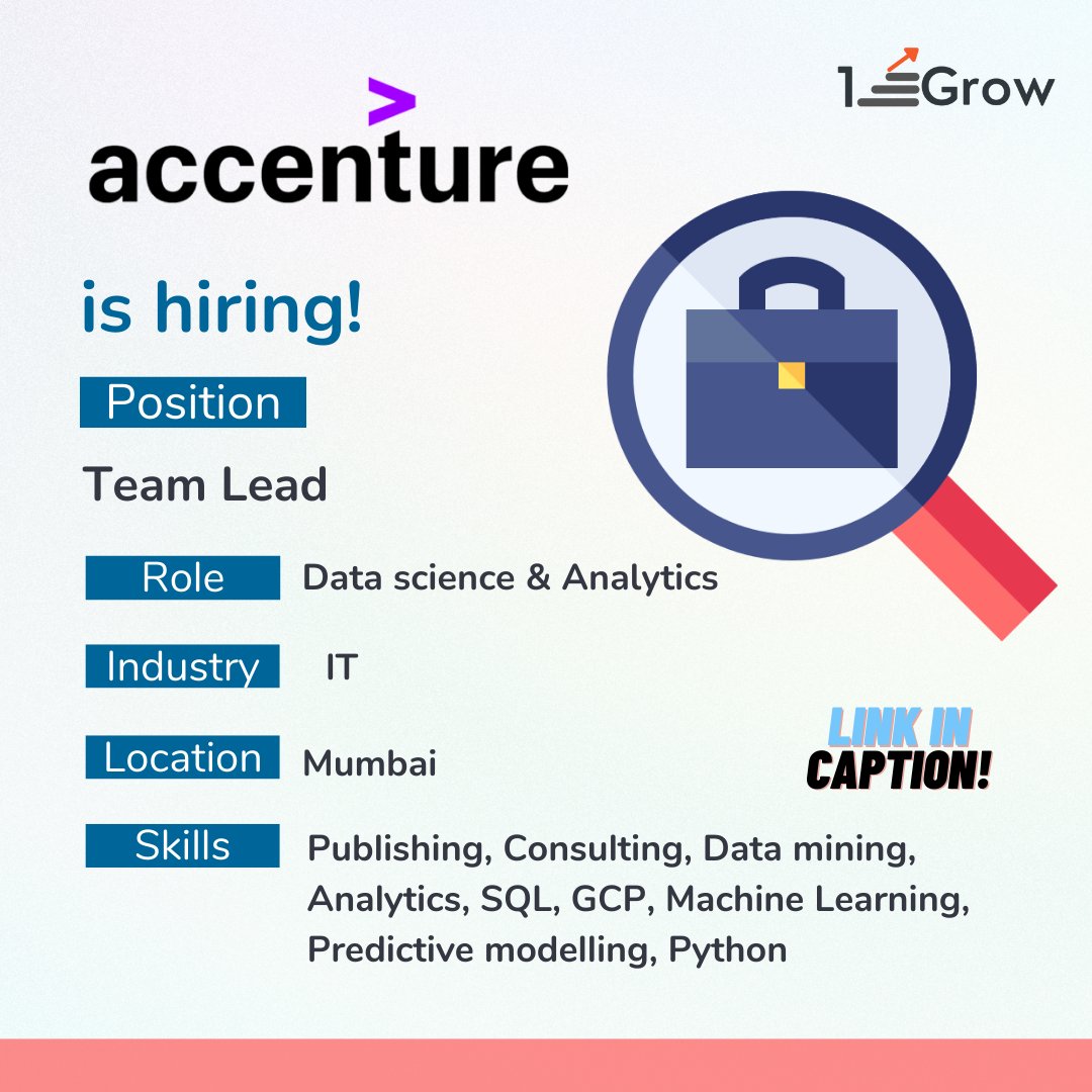 1stepGrow's tweet image. ☝🏽Find this Job at #Accenture Solution Pvt Ltd for 🧑🏽‍💻 Senior #DatascienceAnalytics

Follow @1stepGrow 

To view job description, click here 👆🏽: naukri.com/job-listings-s…