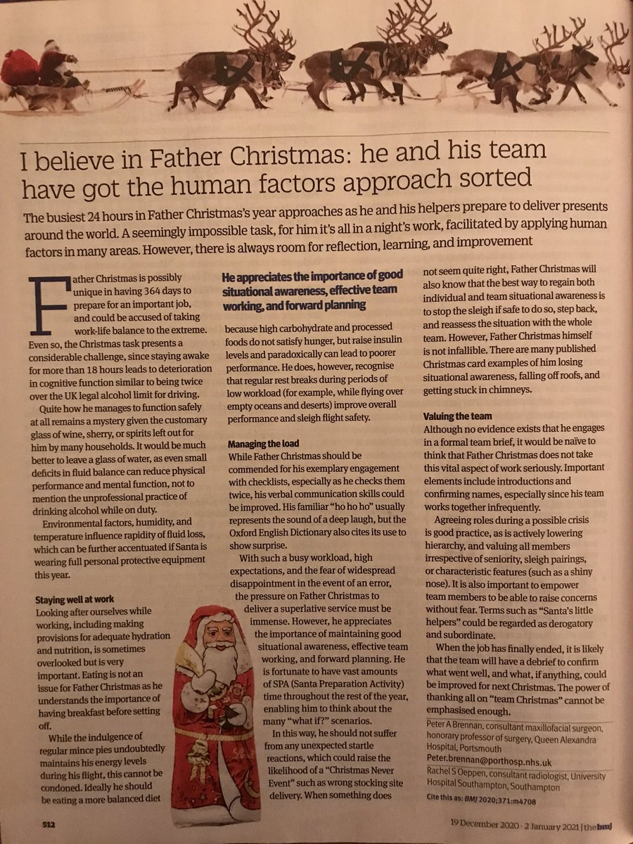 There’s so much to learn about human factors from Santa &amp; the team

Even the <a href="/bmj_latest/">The BMJ</a> has published about it

Join us for a feee festive <a href="/RCSnews/">The Royal College of Surgeons of England</a> webinar on Wed 14 Dec at 1800

Learn about threat &amp; error management from Team Christmas 🎄 

ow.ly/XgQG50LKPQX