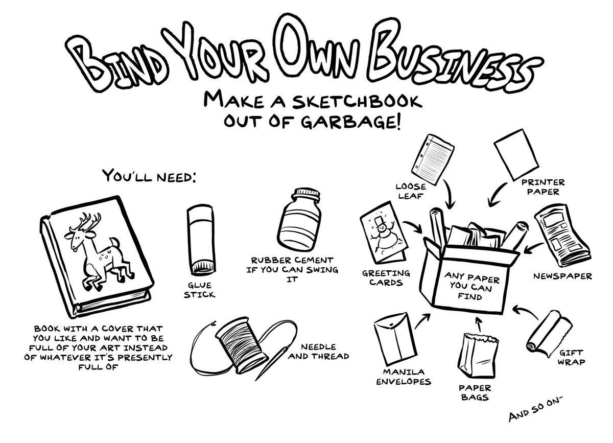 Some people thought making sketchbooks out of garbage was a cool skill to have, so I am going to teach you how to do it if you also think digging through stranger's recycling bins on the curb could be a fun distraction from all of the terrible things in the world. https://t.co/7OVPS1HH2i 