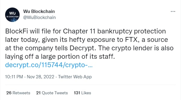 BlockFi files for Chapter 11 bankruptcy. Rumor has it that Grayscale is also insolvent