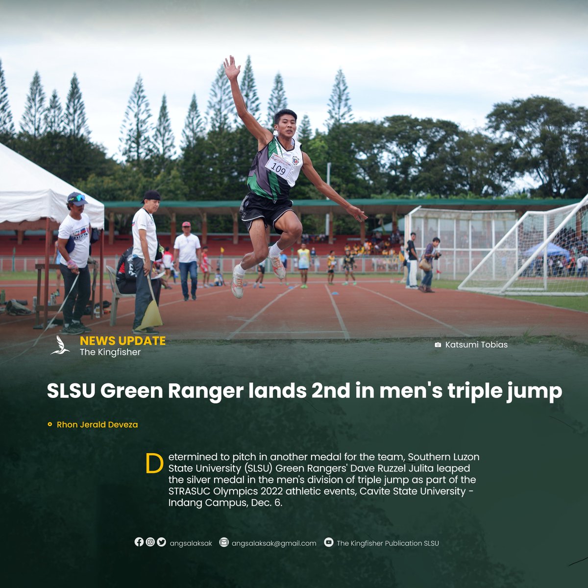 angsalaksak's tweet photo. STRASUC OLYMPICS '22 | SLSU Green Ranger lands 2nd in men's triple jump
Link: https://t.co/yQ8kJQztgU
// Rhon Jerald Deveza
#STRASUCOlympics2022
#KFNews
#KFSports https://t.co/oVqNQTOVzI