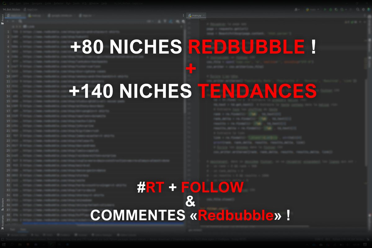 Rreddington_'s tweet image. En couplant IA + Scraping, j'ai récupéré une liste de 80+ niches sur RedBubble👀

+ un 2ème fichier qui te donne les trends du jour avec le volume de recherche, mots-clés, thème...

Pour avoir ces fichiers, RT + Follow + Commentes "Redbubble" et je t'envoie ça en DM !