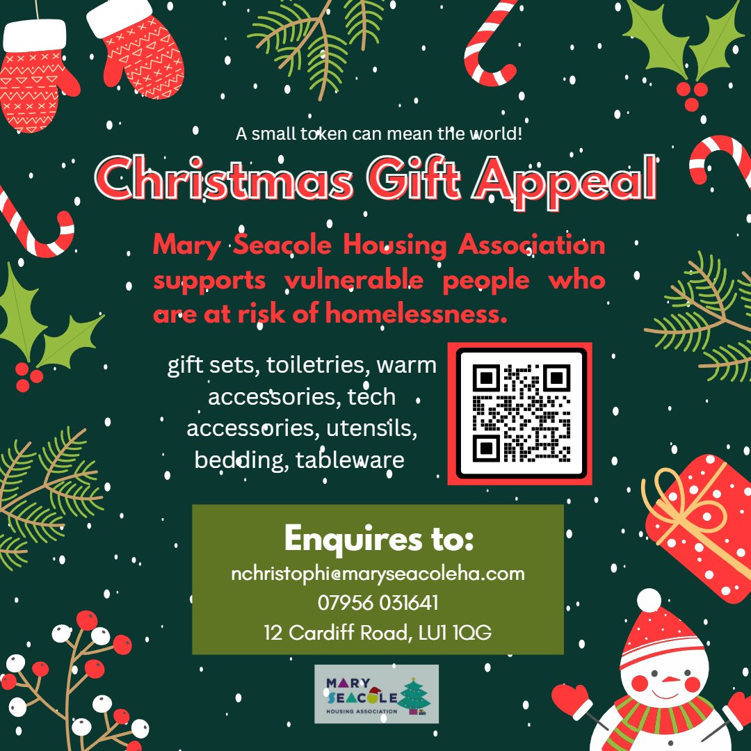 MarySeacoleHA's tweet photo. Mary Seacole Housing Association would
like to ask for your support with our Christmas appeal.
This appeal is to support vulnerable people in Luton๐๐
Please donate gifts or to our by our just give page
https://t.co/aQM4OVNCm7 #lovemaryseacole #smalltoken #justgiving https://t.co/uJvo5qR6fN
