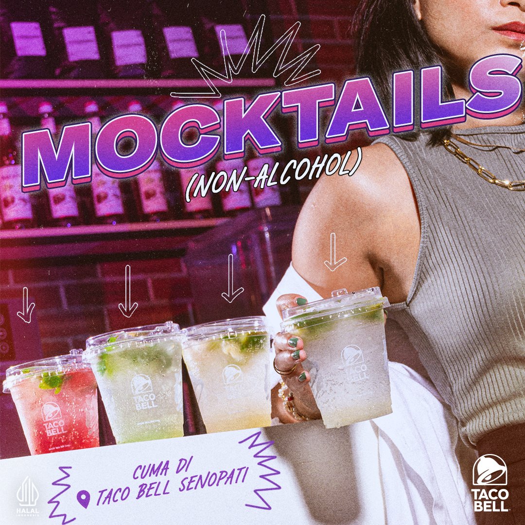Gak bakal bosen kalo pilih minuman di Taco Bell Senopati, ada bar yang sediain mocktails kayak gini! 🧊✨

Ada Mojito Original, Strawberry Mojito, Apple Mojito, dan Lychee Mojito, lo pengen cobain yang mana?

#WaktunyaTacoBell #TacoBellIndonesia.