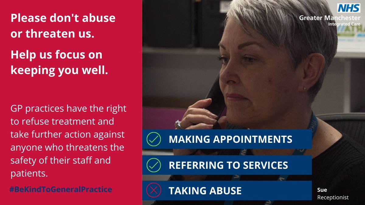 TraffordICP's tweet photo. Please don't abuse or threaten us.
Help us focus on keeping you well in Greater Manchester.
#BeKindToGeneralPractice
✅ Monitoring patients' conditions
✅ Referring to services
❌ Being threatened https://t.co/vmFxiltfSg