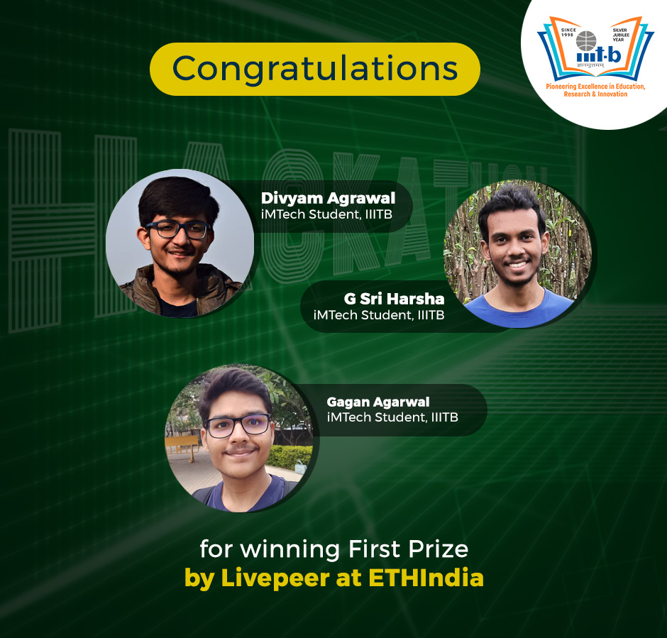 IIITB_official's tweet photo. Congratulations

We are happy to inform you that our iMTech students Divyam Agrawal, G Sri Harsha and Gagan Agarwal have won First Prize by Livepeer worth $5000 at ETHIndia 2022 held on December 2-4, 2022.

#IIITB #IIITBangalore #Hackathon #ETHIndia #Winners https://t.co/xyGIEI6MPb