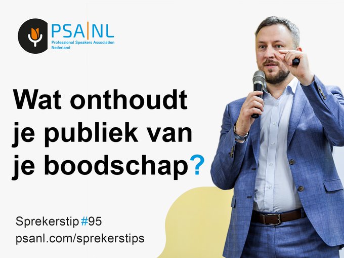 Wat onthoudt je publiek van jouw boodschap? Succesvolle sprekers vertellen veel kleine verhalen, die elk viraal kunnen gaan. Je wil dat je publiek je verhalen doorvertelt. 
#sprekerstip #publiek #boodschap #psanederland