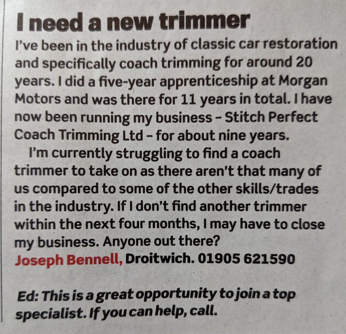 From December's Practical Classics magazine. Hope Joseph can find some help.