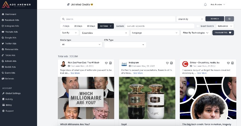 AdsAnswer's tweet photo. Spy on competitors on all platforms: 

Facebook 
Twitter
Instagram 
YouTube 
TikTok 
Google
Twitter 
Pinterest 
Admob
Reddit 
Quora

And soon.. AI Ad Copy Generator